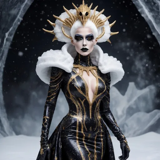 Prompt: Full body, Hyperrealistic gorgeous Czechian drag queenwearing eccentric couture dress made of black, white and gold marble inspired by the xenomorph, with giant dark frost ice crystals on the shoulders decor, looking directly at camera, dark eye makeup, dark lipstick, inspired by Klimt, against dark snow background