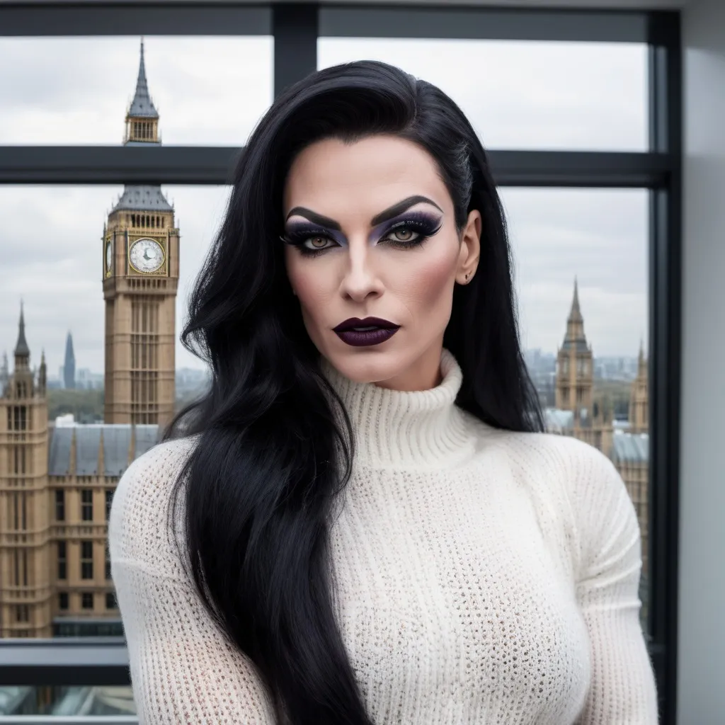 Prompt: Gorgeous muscular 35-year-old French drag queen with strong masculine jawline,  very long black hair, dark eyeshadow, and dark lipstick, in the CAD office wearing a white chenille knitted sweater, next to the window with London city and Big Ben view