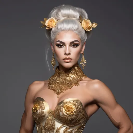 Prompt: Full body portrait of a caucasian gorgeous ethereal ultra-muscular Czechian 25-year-old drag queen bodybuilder (masculine jawline and brow facial features),  The color scheme of the image is dominated by gold and silver hues. Her ridiculously long, silvery hair is elegantly gathered in a sleek bun, adorned with golden roses for added sophistication. The ethereal and fairy-like makeup enhances her divine beauty, with intricate golden accents around her eyes, shimmering highlights on her cheeks, and a radiant, golden lip color.

The goddess wears a short metallic gown that catches the light and reflects golden highlights as she moves. The view from a distance accentuates the goddess's perfect form 