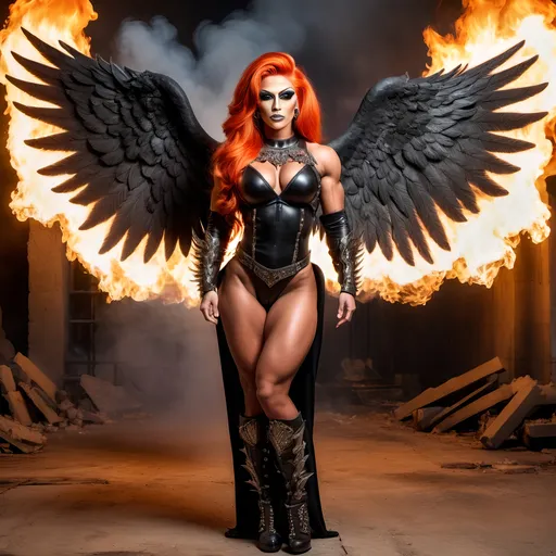 Prompt: Hot 25-year-old Czechian drag queen pyromaniac bodybuilder with a big rack. Modest clothing. Fiery hair, wearing black armor with breastplate. Fiery angel wings. Fiery ruins behind her.