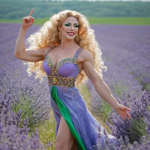 Prompt: Generate gorgeous muscular 35-year-old Ukrainian drag queen bodybuilder with big busom, long blonde curly hair and green eyes, she is dressed in traditional Ukrainian dress and 6 inch stiletto heels, she is running thru the lavanda field, her arms are up to the sun , she is smile and her face is shine with positive mood and talking phone