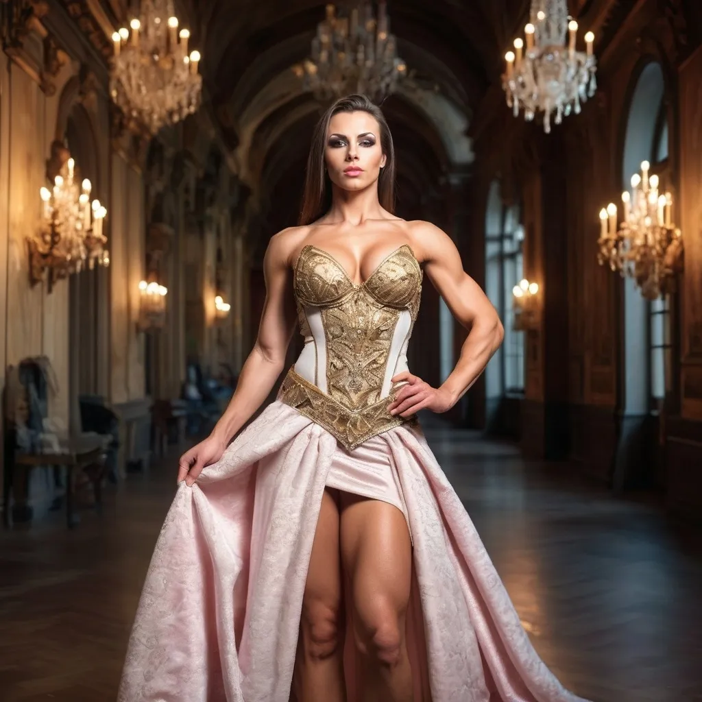 Prompt: Generate a photorealistic image of a Gorgeous ultra-muscular 25-year-old Czechian drag queen bodybuilder standing in a grand castle. Use soft lighting (f/1.8, ISO 200) to highlight her grace and elegance. The woman is adorned in a sumptuous gown, her eyes sparkling with intelligence and charm. Behind her, the castle's intricate architecture and rich history unfold, adding depth and grandeur to the scene.
