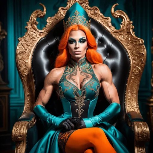 Prompt: Portrait of a gorgeous 25-year-old Swedish drag queen bodybuilder, sitting regally on an ornate throne, (elegant embroidery on a flowing teal dress), striking contrast with (orange hat and gloves), surrounded by intricate gothic decor, (dynamic lighting casts dramatic shadows), exhibiting intense eyes, possessing long claws. Atmosphere is (mysterious) and (elegant), offering an (overdetailed anime style) in stunning (4K HD resolution). A true masterpiece of (animation series art).