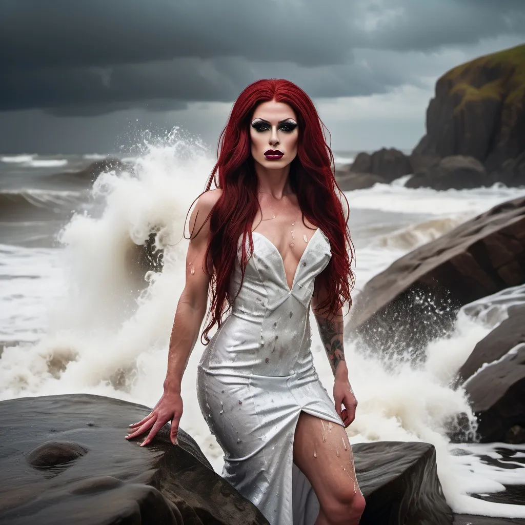 Prompt: A glamorous, gorgeous,  muscular 25-year-old Czechian drag queen with very long dark red hair, standing on a rock on the beach with waves crashing down on her, 
She is wearing a mini wedding dress and is soaking wet.
rainy weather, Wet face, Wet hair, water flowing from her body.
full body shot, hyper detailed, ultra realistic, highly detailed, surreal heavy mist, AI defined exquisitely beautiful, totally ultra realistic, gorgeously detailed, perfect body proportions, pale, ultra glamorous, perfect shading, impeccable contrast, HDR, UHD, high res, 64k