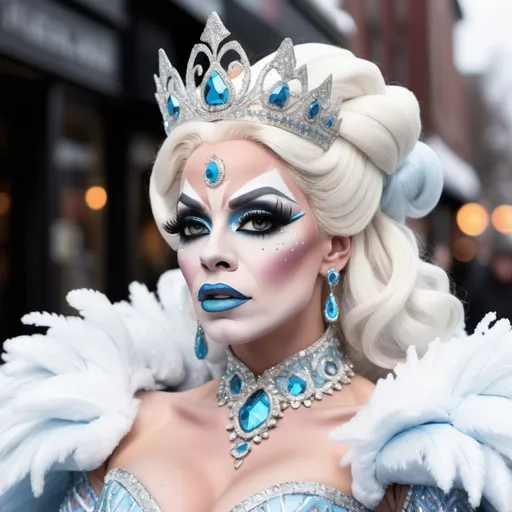 Prompt: A high definition hyper-detail live action digital photograph of a Drag snow queen