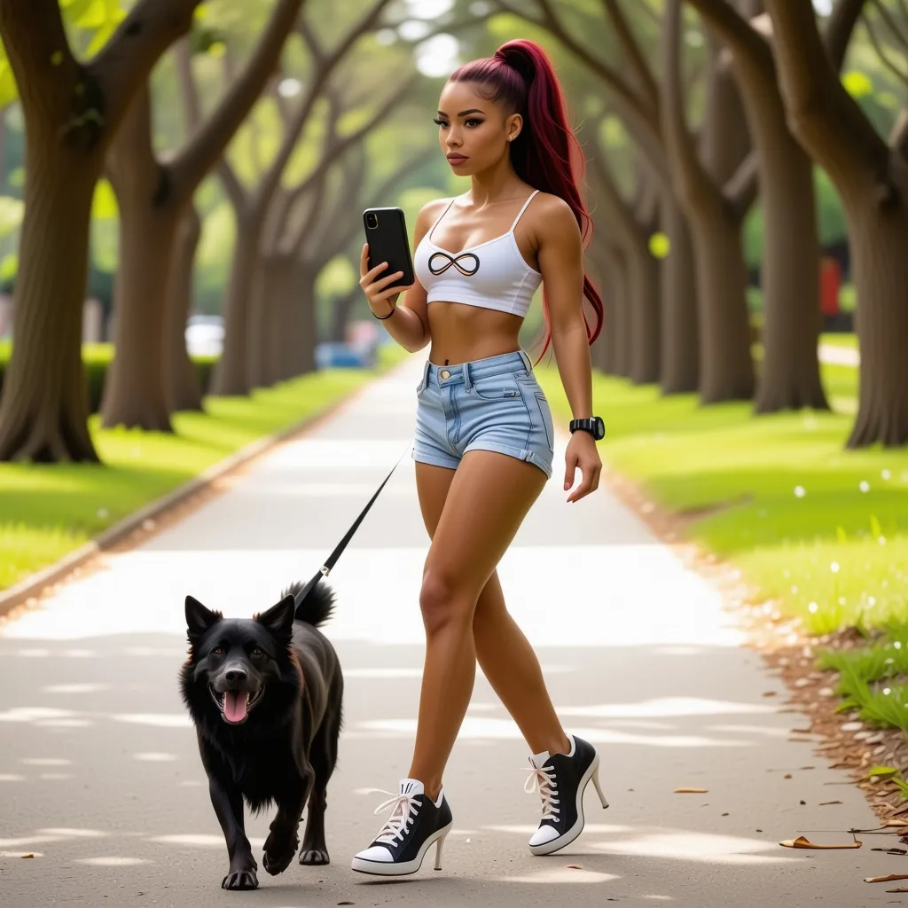 Prompt: Design an ultra-realistic 8k hi-res hd digital photograph of a gorgeous muscular 25-year-old Puerto Rican drag queen with long dark red ponytail, focused and serious while wearing 8 inch stiletto high heel Sneakers and exercise gear, walking a dog in a scenic park. She holds a mobile phone that displays an infinity symbol, symbolizing her commitment to fitness and well-being, as she strides confidently along the path, embodying a healthy and active lifestyle.