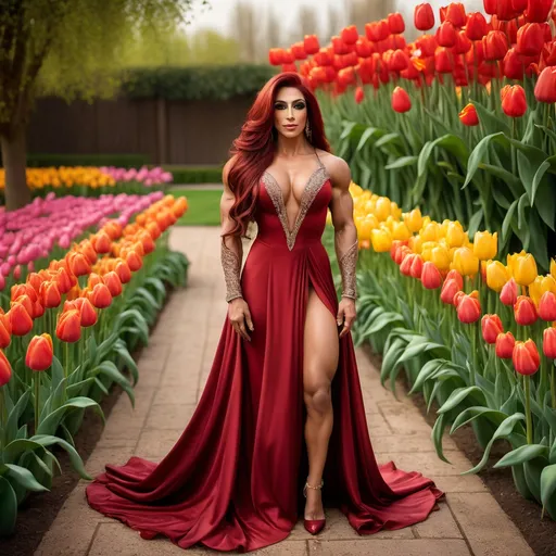 Prompt: Imagine a gorgeous muscular 25-year-old Arabic drag queen bodybuilder with long dark red hair dressed in a flowing gown, standing amidst a garden of vibrant tulips. Use soft lighting to create a warm, inviting atmosphere, and capture the delicate details of her dress and jewelry.