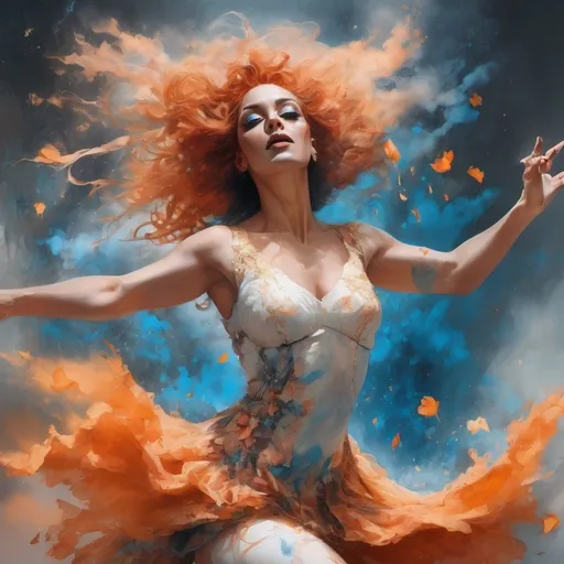 Prompt: Happy gorgeous ultra-muscular Floridian drag queen dancing, ballet jump, swinging white dress, background composed of colored smoke: beautiful orange colour palette. Subtle ethereal fantasy, complementary colors: blue and black. Golden speckles and rose petals all over. by Carne Griffiths, Victo Ngai, Jean Baptiste Monge, ultra-detailed, intricate, a masterpiece, vibrant, cinematic, perfect composition, spectacular lighting, digital painting, trending on Artstation, concept art, soft focus