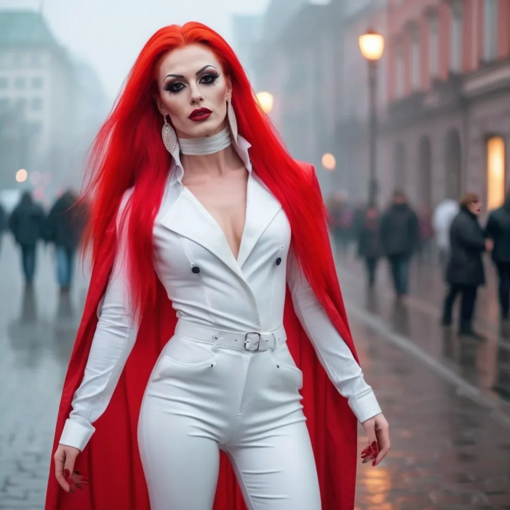 Prompt: Mysterious, Tall, gorgeous, muscular, 25-year-old Polish drag queen (masculine jawline and brow facial features) with long bright red stylish hair, dark eyeshadow,  and dark red lipstick, wearing a beautiful white outfit and 8 inch stiletto red thigh-high stiletto high heel boots, walking the streets of Warsaw on a foggy evening.