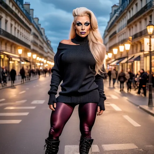 Prompt: Front view of an 35-year-old, muscular, gorgeous Finnish drag queen bodybuilder (very strong masculine jawline and brow features) wearing an oversized baggy sweater, corset, leggings and 8 inch stiletto high heel calf-high boots. Hanging out on the streets of paris at sunset..