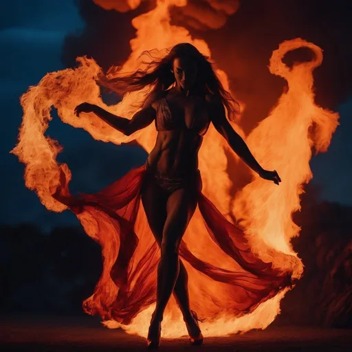 Prompt: Gorgeous dancing 25 year old bodybuilder female, dancing on fire, silhouette, lava, low cut, long flowing fire gown, huge busom, long wavy fiery hair, long muscular legs, 8 inch stiletto high heel shoes, very muscular dancing female, ethereal background, 