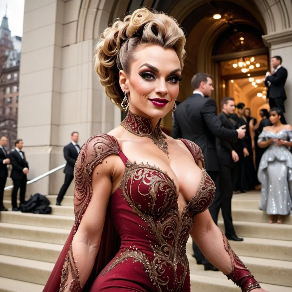 Prompt: Glamour photography of Gorgeous ultra-muscular 25-year-old (Caucasian) Russian drag queen bodybuilder with a huge busom, and very long wavy black & grey tight updo hair on the Met Gala steps in New York wearing designer bronze and red gown with long train, intricate details, glitter and jewels, posed 3/4 turn standing, smile, in the style of Guy Aroch