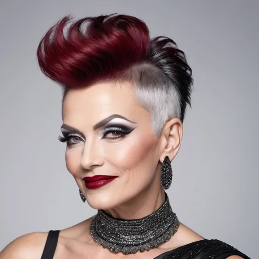 Prompt: side buzzed fade longer updo top cut with a silver and black trendy moehawk, hair cut sample, fashion magazine, high focus on trendy hairstyle, gorgeous 50-year-old Finnish drag queen bodybuilder model with thick eyeshadow and dark red lipstick, flirty, confident smile --ar 9:16 --v 6.0