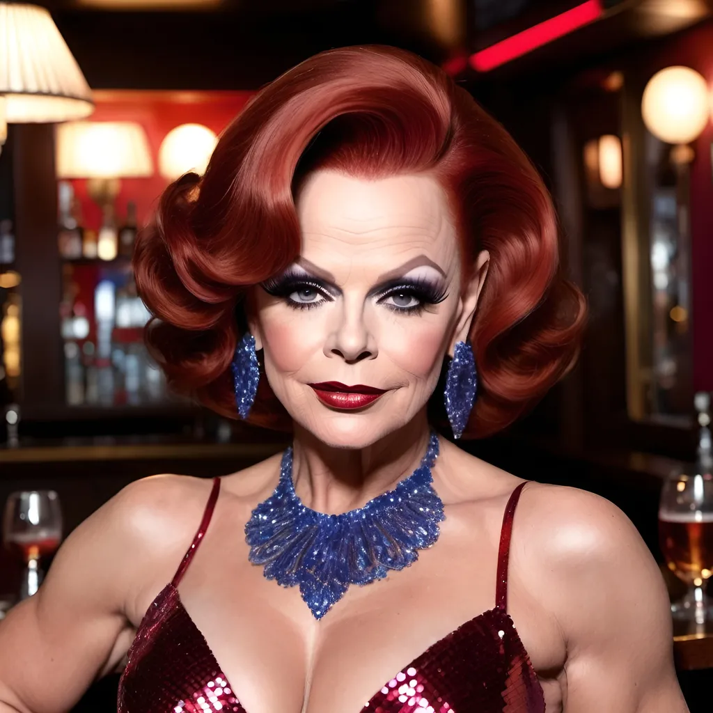 Prompt: What if Don Rickles was transformed into a gorgeous muscular 45-year-old drag queen with long red updo hair, dark eyeshadow and dark lipstick,  wearing a gorgeous Bob Mackie sequined gown. Posing in a dirty local bar.