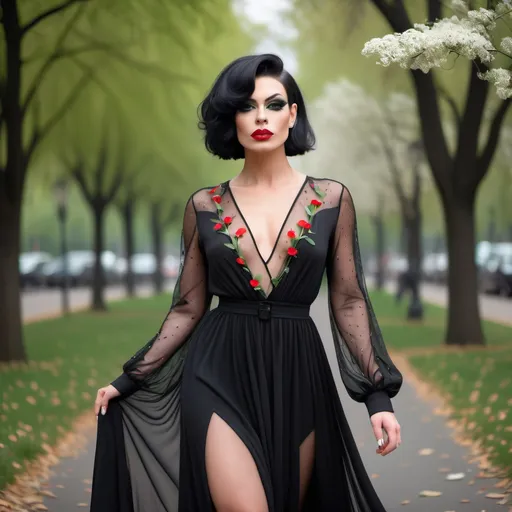 Prompt: Gorgeous muscular 25-year-old Czechian drag queen with short black bob hair wearing all black long sleeve v neck long chiffon dress. sleeves are see through, net. button cuffs. small tiny white and red flowers with green leaves on chest and waist. elegant.  goddess style dress. Walking through the park. full picture.