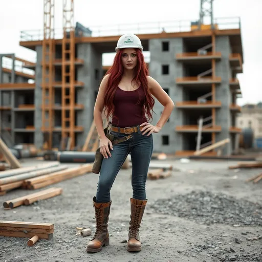 Prompt: A gorgeous ultra-muscular 25-year-old Czechian drag queen builder at a construction site with her builders belt on her waist and high heel construction boots, dark red long hair, she must be dirty and NOT posing at the camera.