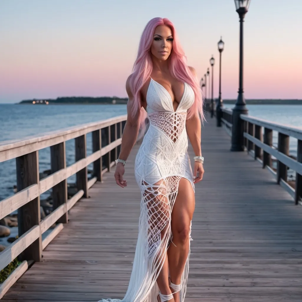 Prompt: Gorgeous ultra-muscular 25-year-old Finnish goddess bodybuilder with huge busom and ridiculously long straight shiny pink hair wearing a beautiful white macrame dress and 8 inch stiletto high heel shoes walking on the boardwalk at dusk.