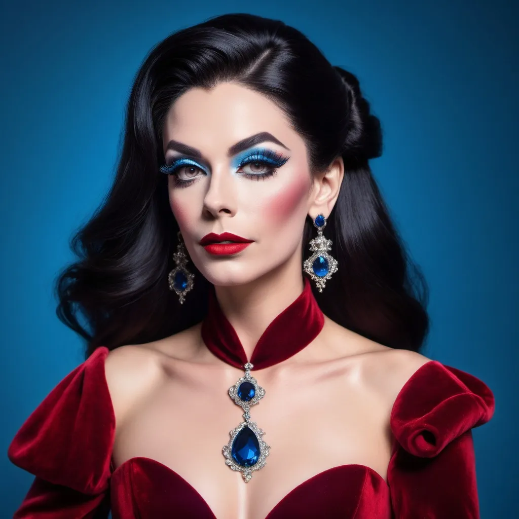 Prompt: a British drag queen (with very strong masculine jawline and brow facial features) with long shiny black hair wearing red velvet dress and earrings, posing for a picture with a blue background, Elina Karimova, rococo, elegance,  photorealistic