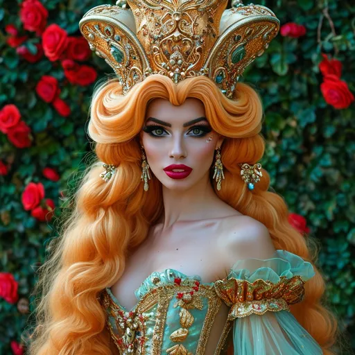 Prompt: a realistic feminine elegant drag queen princess Rapunzel, long dark orange hair, ornate Silver crown , translucent dress, garden background, full length view HD