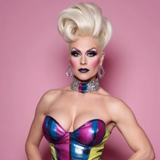 Prompt: A handsome man dressed up as The most beautiful muscular 35-year-old Finnish drag queen with stylish platinum blonde updo hair and large busom.  Wearing a sassy, cute, stylish, colorful party dress and 8 inch platform stiletto high heel knee-high boots.  Dark eyeshadow,  dark lipstick,  heavy mascara. 