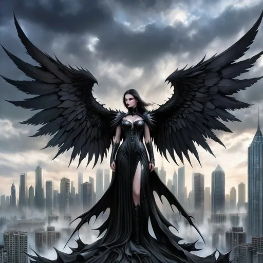 Prompt: a woman with large black wings standing in a city with skyscrapers and buildings in the background, with a city skyline in the background, Anne Stokes, gothic art, dark fantasy art, a detailed matte painting