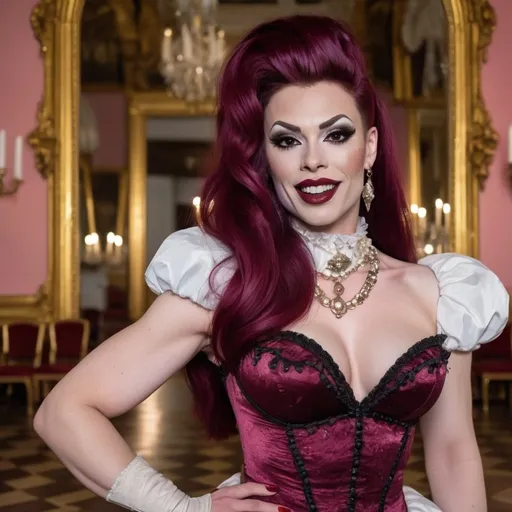 Prompt: Gorgeous muscular 25-year-old British drag queen Princess, with big busom, dark red hair, and burgundy lipstick, at a ball in the Rococo hall, dress half pink, half white, studded collar, stiletto heels, small details, smiling, huge fangs, radiance, flowers, cracks, thorns, full length, slightly at a distance, volume, guro, anatomy, hyper realistic , nightmare aesthetics, horroblood style,  reality, symbiosis, hybrid, abstraction, deep rendering, professional photography, cinematography, full detail, elaboration of hands and fingers