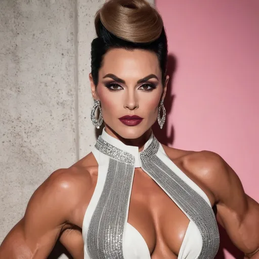 Prompt: Gorgeous muscular 35-year-old French drag queen bodybuilder model (slight masculine jawline and brow facial features), (Agatha All Along reimagined by Armani), elegant fashion design, high fashion styling, luxurious textures, sophisticated color palette, warm and rich tones, dramatic contrasts, (cinematic atmosphere), playful yet mysterious vibe, intricate details in clothing, opulent accessories, ultra-detailed, 4K quality, (exquisite lighting), artistic flair, stylish setting, modern twist on classic elegance.
