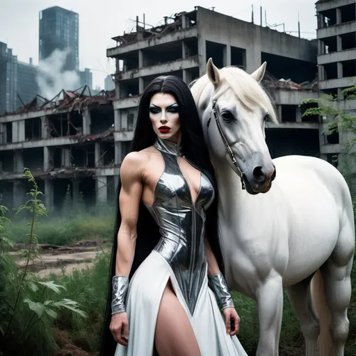 Prompt: A gorgeous ultra-muscular 25-year-old Czechian drag queen bodybuilder with long black shiny hair wearing a 25th century gown, posing by a beautiful a white horse in a dystopian future.