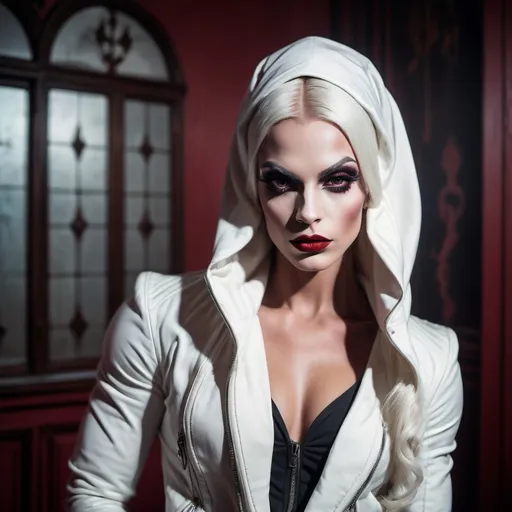 Prompt: (gothic art), gorgeous ultra-muscular 25-year-old Swedish drag queen bodybuilder with (striking dark red makeup and lipstick), wearing a (white jacket) draped over her head, (mysterious gaze) directed at the camera, (dramatic pastel colors), (moody ambiance), rich textures, (ultra-detailed wooden floor) in the background, evoking an eerie yet captivating vibe, (high quality) image, beautifully composed and expressive.