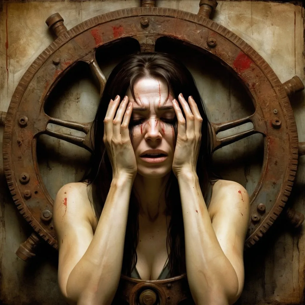 Prompt: a painting of a woman with her hands on her face and hands on her face, with a wheel in the background, Ben Templesmith, antipodeans, elden ring, concept art