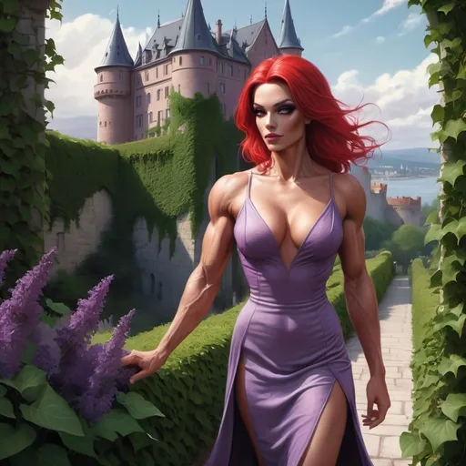 Prompt: A gorgeous ultra-muscular 25-year-old Swedish drag queen bodybuilder with a red longbob and in a lavender dress is walking down a path with ivy growing on the walls behind her and a castle in the background, Charlie Bowater, fantasy art, epic fantasy character art, a detailed photograph