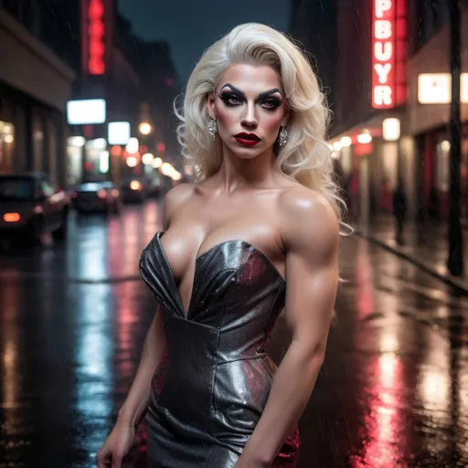 Prompt: Dolph Lundgren dress as A hyper realistic flawless 25-year-old gorgeous Austrian drag queen bodybuilder with platinum blonde hair walking the streets as a classy debutante on a dark and rainy night. Heavy eye makeup. Dark red lipstick.