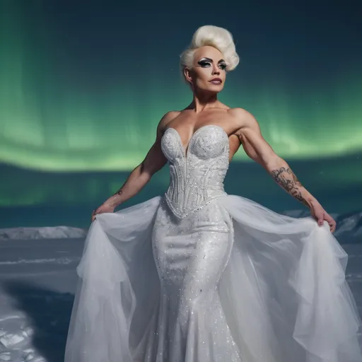 Prompt: (A 3/4 body image)A 25-year-old muscular, beautiful Nordic drag queen bodybuilder wearing A beautiful winter bridal gown designed for cold weather. Taking a bridal photoshoot in the snowy Arctic with the Northern Lights in the background.