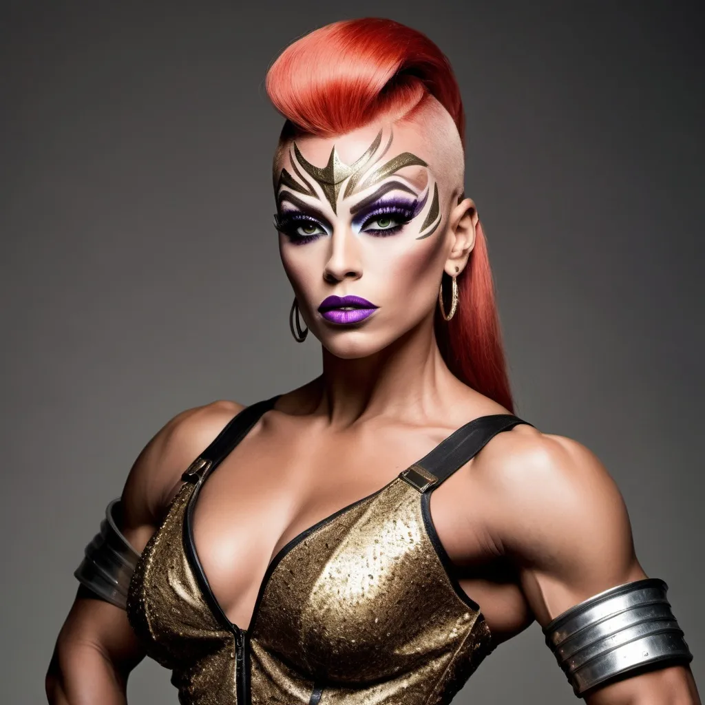 Prompt: Gorgeous 25-year-old muscular drag queen warrior prepared to battle.