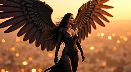 Prompt: Gorgeous, muscular, female, angel of death wearing dark and bloody robes. Ridiculously large wings. Ridiculously long flowing black hair. Flying over the streets of Los Angeles during Armageddon.