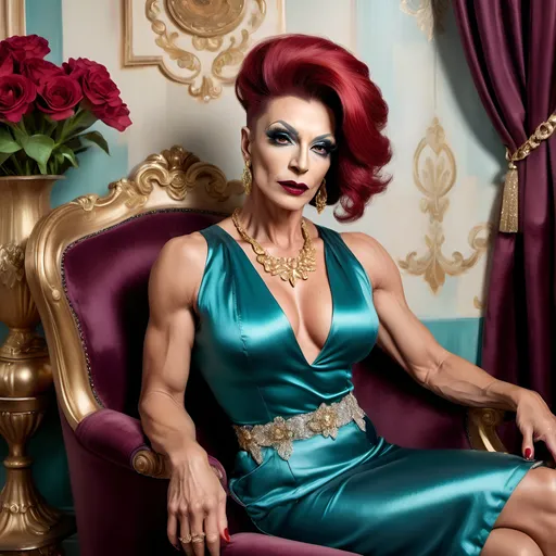 Prompt: oil painting of beautiful muscular 45-year-old Bulgarian drag queen (dark eyeshadow and dark red lipstick) wearing an (elegant sleeveless Teal blouse, gold necklaces, diamond ring), and (off-white fancy skirt, fancy dark red hairstyle), sitting on armchair near a perfectly designed room with aesthetic wall and plum curtain, vase with flowers near the woman (close up shot) , good composition 