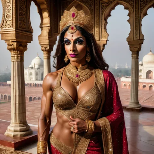 Prompt: A breathtakingly beautiful, muscular 35-year-old Indian drag queen bodybuilder princess from ancient times, standing gracefully in the majestic palace of the Taj Mahal. She wears an opulent, traditional Mughal-era royal outfit, intricately embroidered with gold and encrusted with precious gemstones. Her flowing silk dupatta shimmers under the soft moonlight, casting a mystical glow. Delicate henna patterns adorn her hands, and exquisite jewelry—bejewelled maang tikka, heavy gold necklaces, and shimmering bangles—enhance her regal elegance.

The palace is bathed in a dreamy, ethereal light, with the marble reflecting hues of silver, gold, and soft pastels. Floating flower petals drift through the air, carried by a gentle, unseen breeze. The atmosphere is infused with an enchanting, fairytale-like glow, as if the scene exists between dreams and reality. Wisps of golden mist swirl around her feet, and the sky above is illuminated by a crescent moon and twinkling stars. In the background, the silhouette of the Taj Mahal stands majestically, its domes glowing under the celestial light. The entire scene radiates an aura of romance, mystery, and divine elegance, as if touched by the gods themselves.