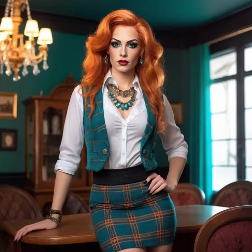 Prompt: Photorealistic image of a beautiful muscular 25-year-old German drag queen (very strong masculine jawline and brow features) with big busom and chic wavy shoulder-length orange hair and striking green eyes, wearing a stylish white blouse layered under a vibrant teal knit vest. She pairs this with a classic teal and black tartan skirt, alluring white tights, and elegant black stiletto heelss. she stands gracefully in an opulent Belle Époque lounge, richly decorated, rich patterns, luxurious ambiance, 8K resolution, ultra-detailed.