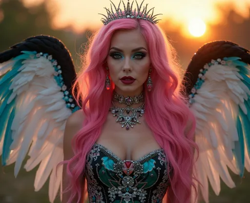 Prompt: PROMPT 

Pink and Turquoise Garden Seraph drag queen, ridiculously long wavy pink hair, Bold dark smokey eyeshadow and burgundy lipstick, Draped in a fitted Versace black & silver gown embroidered with intricate patterns, she stands amid the rising sun. Her wings shimmer with White and black feathers dusted in fine glitter. Rose quartz earrings and a crystal bloom choker complete the look. 
