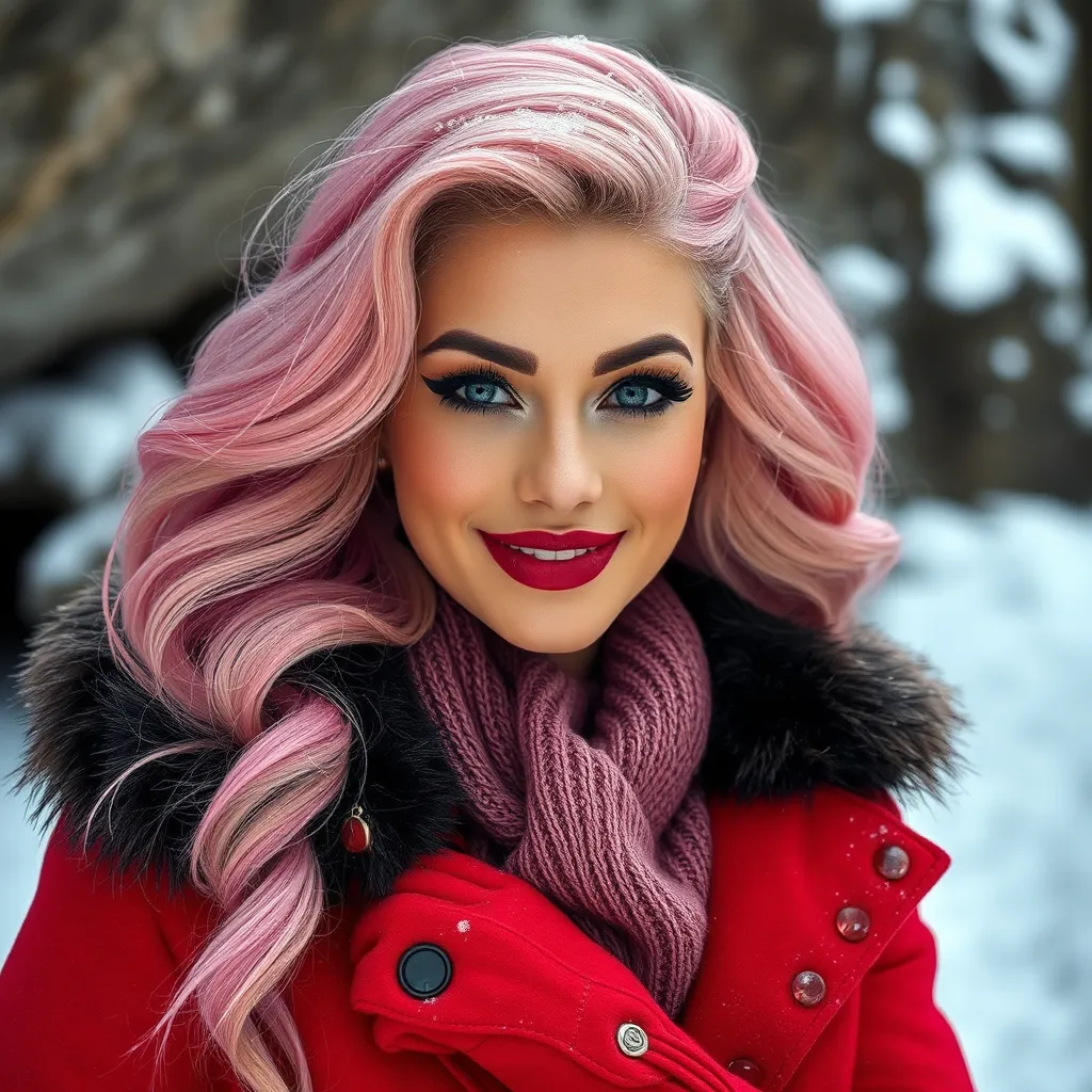 Prompt: professional portrait photograph of a gorgeous ultra-muscular 25-year-old Czechian drag queen bodybuilder in red winter clothing, long wavy stylish pink hair, flirty look, nice smile, dark eyeshadow, heavy mascara and dark red lipstick, wearing elegant warm winter fashion clothing, ((standing out side a frozen cave), hyper- realistic, detailed features, realistic lighting, high quality, realistic view,, elegant, realistic setting, professional, detailed, glamorous, actress, iconic, stunning modern urban environment, ultra realistic, concept art, elegant, highly detailed, intricate, sharp focus, depth of field, f/1. 8, 85mm, medium shot, mid shot, (((professionally color graded))), bright soft diffused light, (volumetric fog), trending on instagram, hdr 4k, 8k