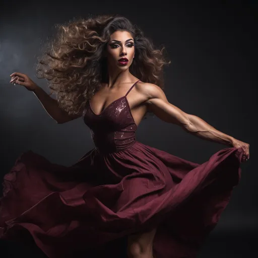 Prompt: A gorgeous muscular 25-year-old Portuguese drag queen bodybuilder (very strong masculine jawline and brow features) dancer in motion, with she wearing courful long frock, dark eyeshadow, burgundy lipstick and she has curly hair, she warship to sun , sun rise captured with long exposure photography Nikon D850 DSLR camera f/4. ISO 200