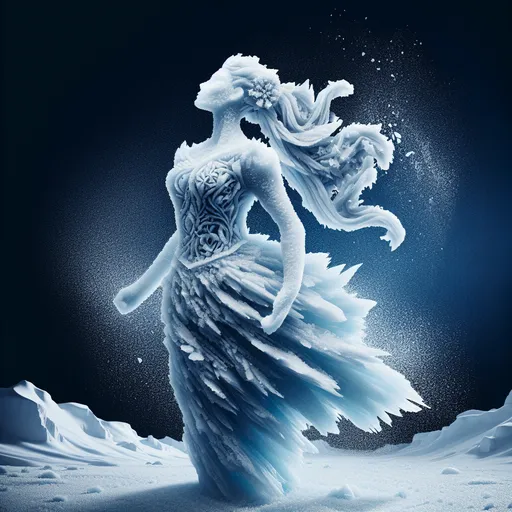 Prompt: Snow swirling into gorgeous Icelandic goddess with muscular physique made of ice, minimalistic, sleek