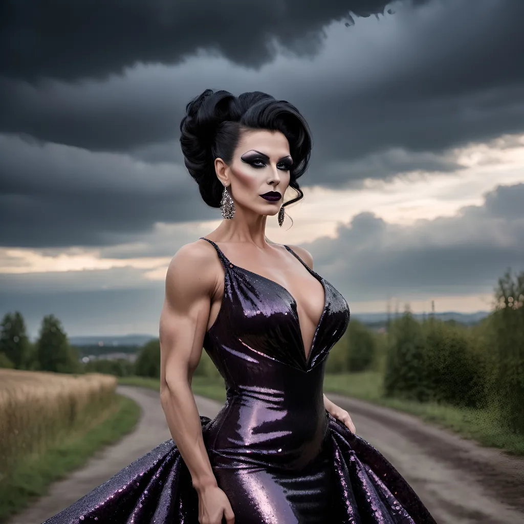 Prompt: Gorgeous muscular 35-year-old Czechian drag queen with long black flowing updo hair, dark eyeshadow and dark lipstick, long flowing sequined gown, romantic outdoor setting, dramatic sky, An ultra-realistic photograph captured with a Sony α7 III camera, equipped with an 85mm lens at F 1.2 aperture setting,  The image, shot in high resolution and a 16:9 aspect ratio, captures the subject’s natural beauty and personality with stunning realism –ar 16:9 –v 5.2 –style raw