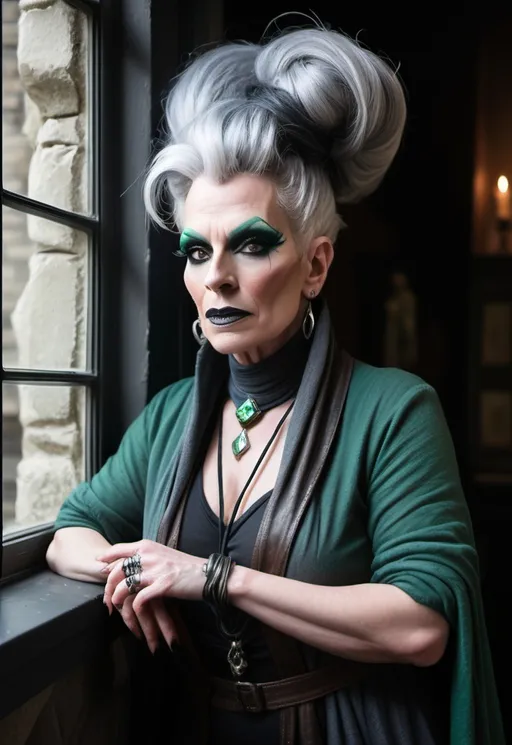 Prompt: Wizened, yet vital, the drag queen sorceress Richeldis the Grim peers from the window of her grey stone tower. She is middle-aged human drag queen, her grey hair swept up in a tidy bun pinned with chalcedony rods. She wears practical garments: a dark green woollen shawl, a sturdy linen chemise, and a worn leather bodice. Dark eye makeup and dark lipstick.