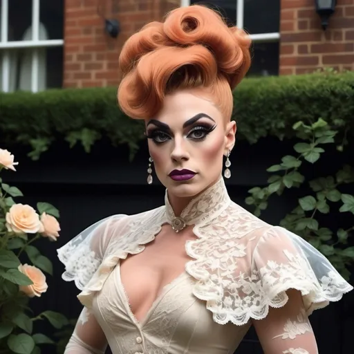 Prompt: Gorgeous muscular 25-year-old British drag queen ((strong masculine jawline and brow features)) wearing a tea-gown, year 1905. Garden patio. Lace. frills. realistic. pretty face