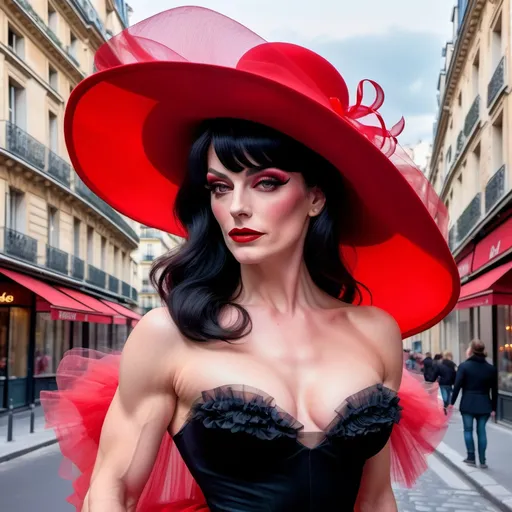 Prompt: A painting of an elegant, high-fashion gorgeous, muscular 35-year-old (caucasian) French drag queen bodybuilder with black hair in (elegant red floppy hat) and a (flowing red layered tulle dress) poses gracefully on a charming Parisian street, (vibrant colors) and (soft, romantic lighting) enhance the enchanting ambiance. The background features iconic Parisian architecture, with (cobblestone pavement) and (blooming flowers) that evoke a (dreamy, idyllic atmosphere). The scene captures the essence of elegance and charm, expressed in (ultra-detailed HD).