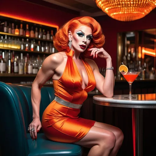 Prompt: A gorgeous ultra-muscular 25-year-old Dutch drag queen bodybuilder wearing a red short dress with very short wavy bright orange hair and dark red lipstick and silver 8 inch stiletto high heels sitting at a luxurious bar drinking a martini