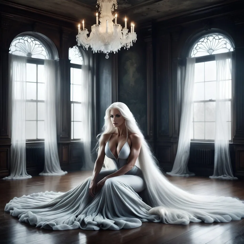 Prompt: Single image: A gorgeous dreamy ghostly mature ultra-muscular 45-year-old goddess bodybuilder with huge busom, and ridiculously long flowing ghostly white hair remains alone and eternally sad in her haunted Victorian Old mansion waiting for her long lost love to return art by Daria Endresen, John Reuss, Lin Fengmian, Robert Ryman, Elger Esser, Rimel Neffati. 3d, watercolors and ink, beautiful, fantastic view, extremely detailed, intricate, best quality, highest definition, zoomed in, hyper-muscular, muscles