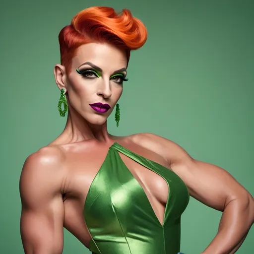 Prompt: A gorgeous muscular 35-year-old French drag queen bodybuilder with short sassy dark orange hair, dark eyeshadow, and dark lipstick, wearing (Spritz Aperol dress)  a fashionable dress inspired by the vibrant hues of the classic cocktail, (bright green and vivid pink colors), elegant and stylish design, summery vibe, refreshing aesthetic, delicate fabrics that mimic liquid flow, ambient lighting casting warm glows, ultra-detailed, 4K quality, playful and lively atmosphere, ideal for summer outings or gatherings, showcasing a sense of joy and celebration.