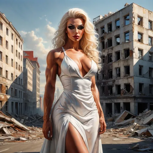 Prompt: (Gorgeous muscular 25-year-old Slovenian drag queen bodybuilder with large busom in a white dress), standing in a sunlit (destroyed modern war city street), (destroyed buildings in the background), (Anna Katharina Block), (neoclassicism), (photorealistic painting), striking backlighting, vivid contrasts, emotional atmosphere, serene yet haunting, sunlight illuminating rubble, high detail, ultra-detailed, cinematic quality, refined textures.